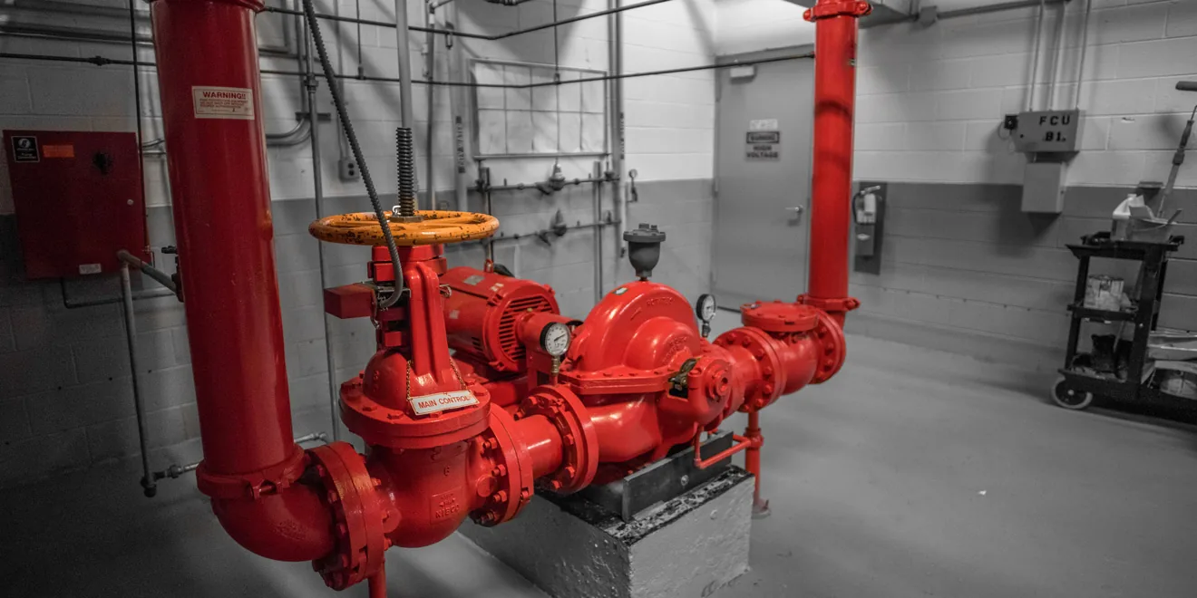 Pump and pipework installation illustrating water and fire system applications